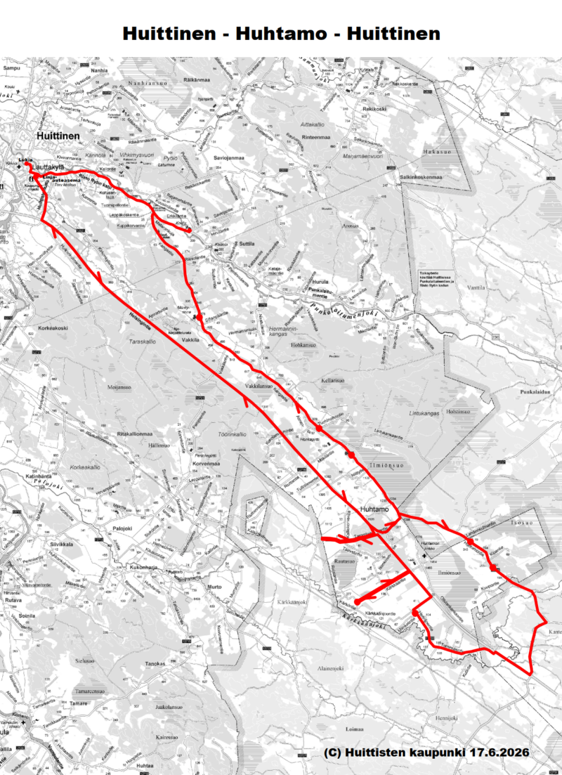 Bussireitti kartalla: Koulureitti-Huittinen-Huhtamo-Huittinen