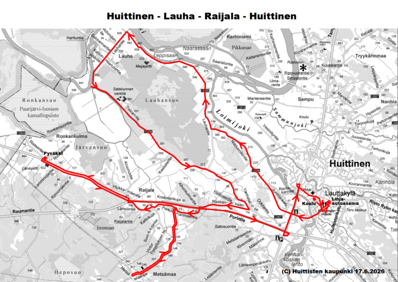 Bussireittikartta: Koulureitti-Huittinen-Lauha-Raijala-Huittinen