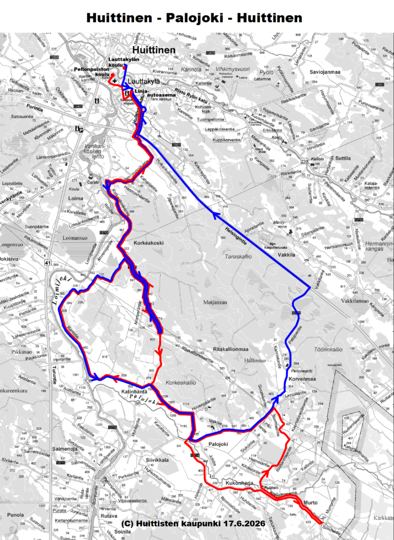 Bussireittikartta: Koulureitti-Huittinen-Palojoki-Huittinen