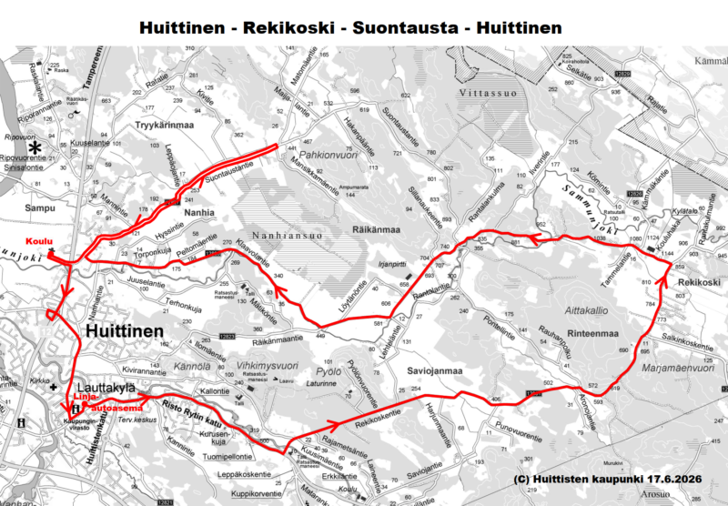 Bussikartta: Koulureitti-Huittinen-Rekikoski-Suontausta-Huittinen
