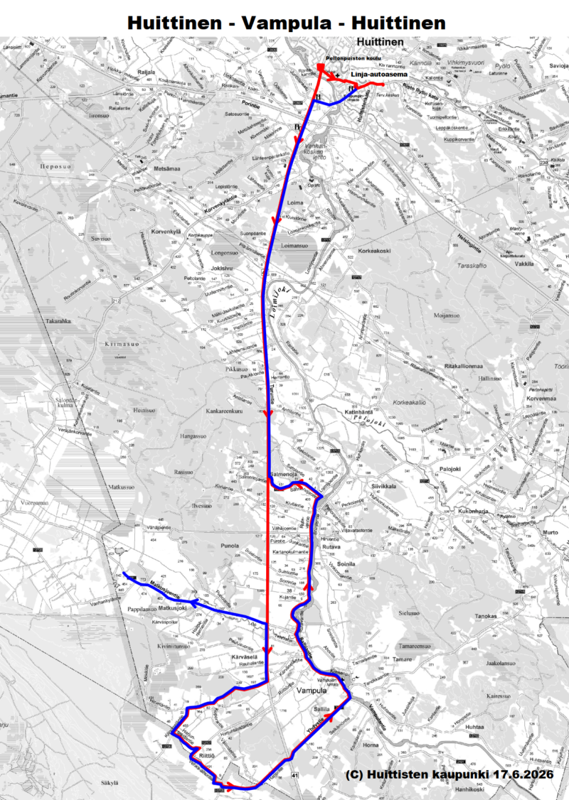 Bussireittikartta: Koulureitti-Huittinen-Vampula-Huittinen